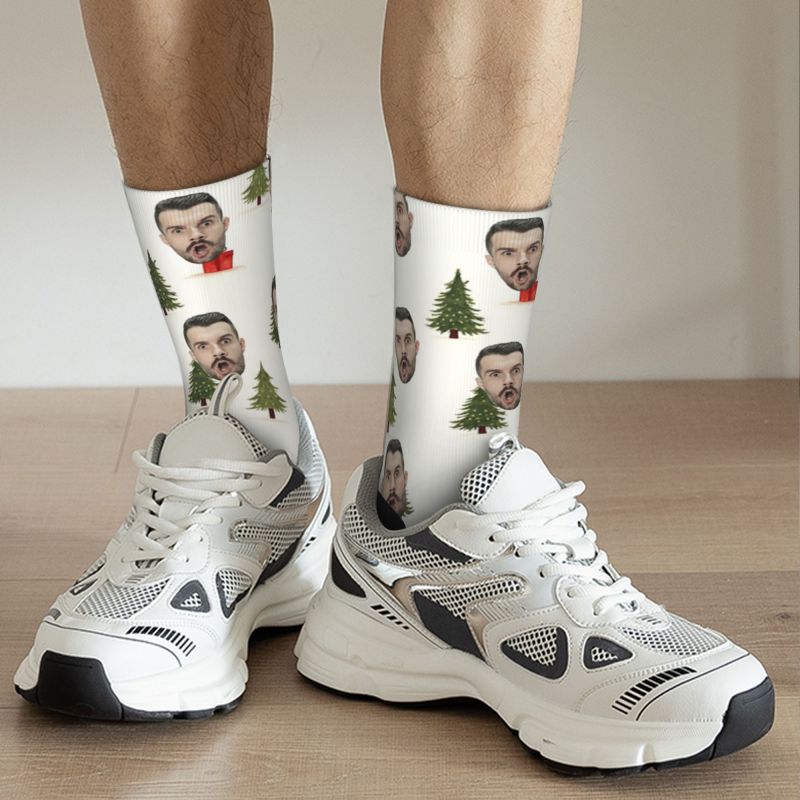 Custom Face Socks with Christmas Tree Pattern Add Photo for Christmas Gifts