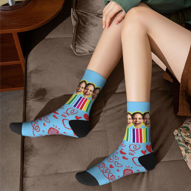 Customized Face Socks with Love Hearts and Rainbow Stripes for Couples