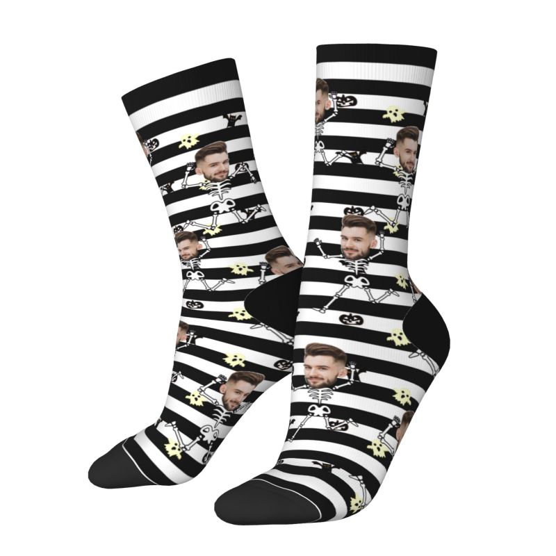 Customized Face Socks Black and White Striped Socks Spoof Skull Halloween Gift for Friends