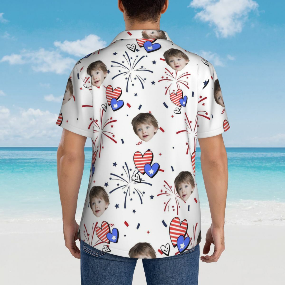 Personalized Hawaiian Shirt with Fireworks and Hearts Father's Day Gift for Dad