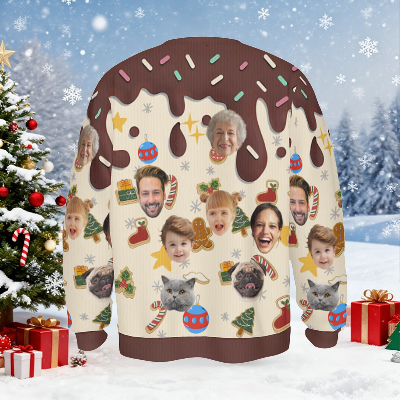 Suéter feo personalizado unisex con foto de cara personalizada, estilo postre, diseño divertido, regalo de Navidad para la familia