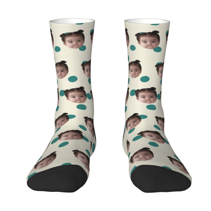 Customized Photo Socks Breathable Material with Green Polka Dots for Friends
