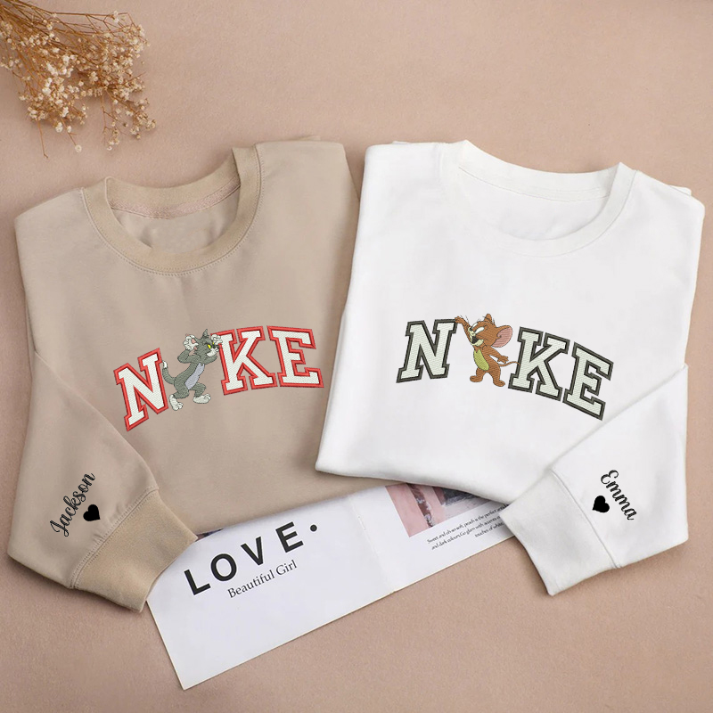 Sudadera personalizada con bordado de Tom y Jerry, patrón de diseño divertido, regalo perfecto para parejas