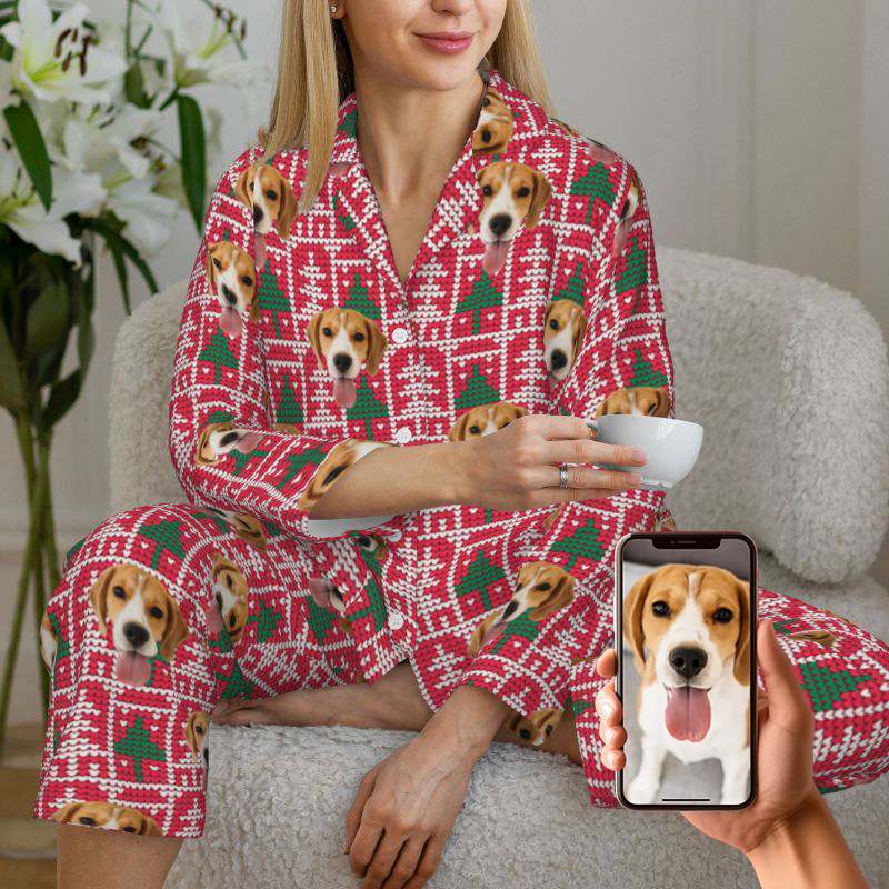 Pijama personalizado con foto de mascota personalizada y diseño de patrón de árbol de Navidad. Gran regalo para amantes de las mascotas