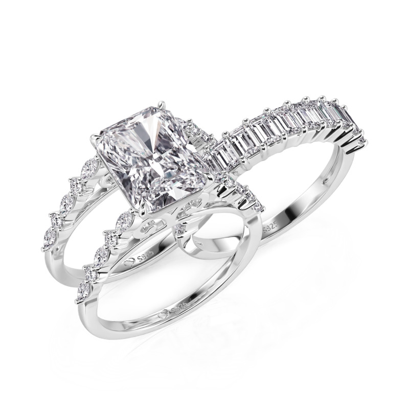 Jeulia Radiant Cut Art Deco Bridal Ring Set Sterling Silver