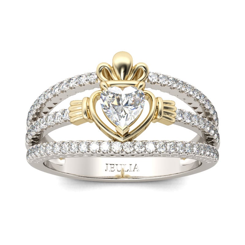 Jeulia Two Tone Heart Cut Claddagh Sterling Silver Ring
