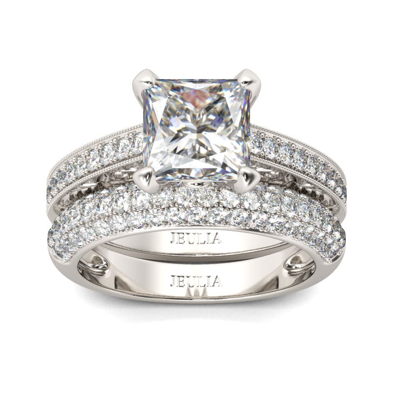 Classic Princess Cut Bridal Sets with Round Cut Side Stone, Sterling Silver