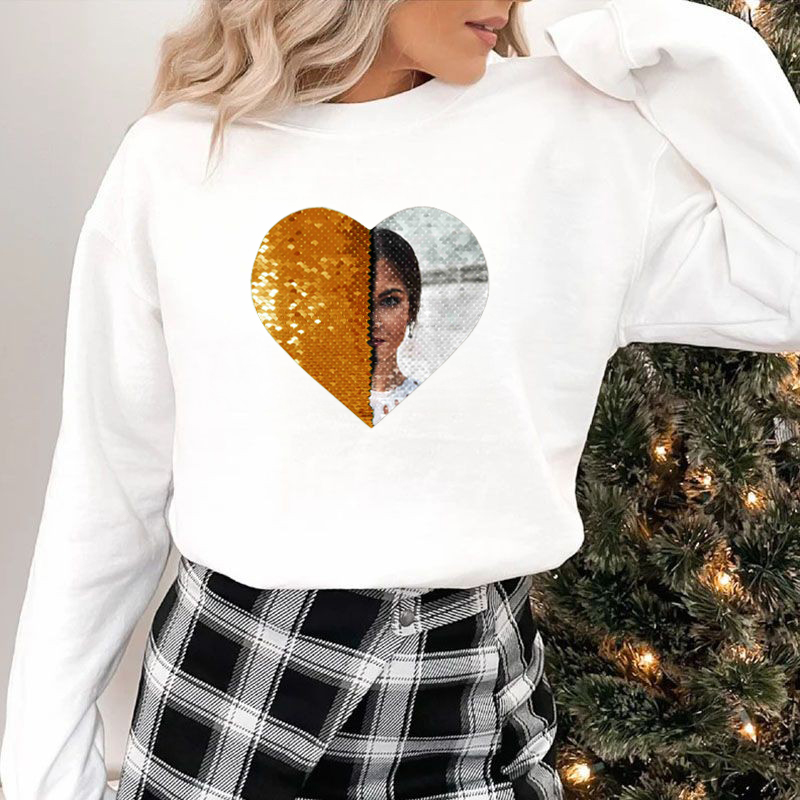 Personalized Sweatshirt Heart Shaped Sequin with Custom Photo Design Creative Gift for Couples