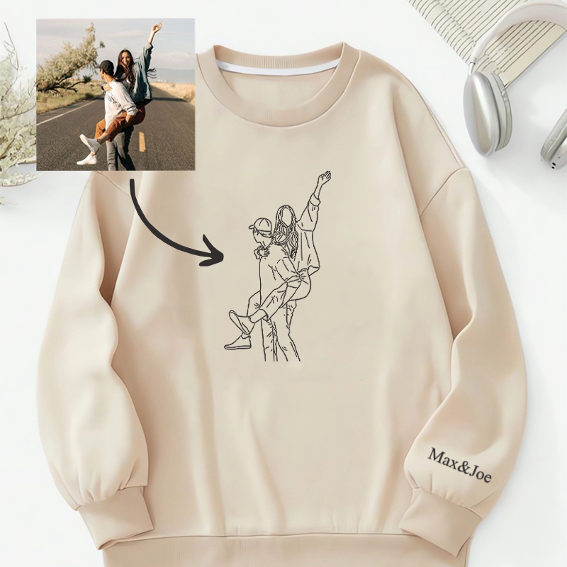 Sweatshirt personnalisé avec photo de couple brodée sur mesure Dessin au trait Cadeau pour amoureux