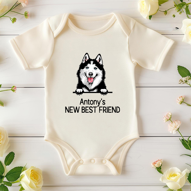 Mono de bebé personalizado Nuevo mejor amigo Mascotas opcionales Atractivo regalo de baby shower para amantes de las mascotas
