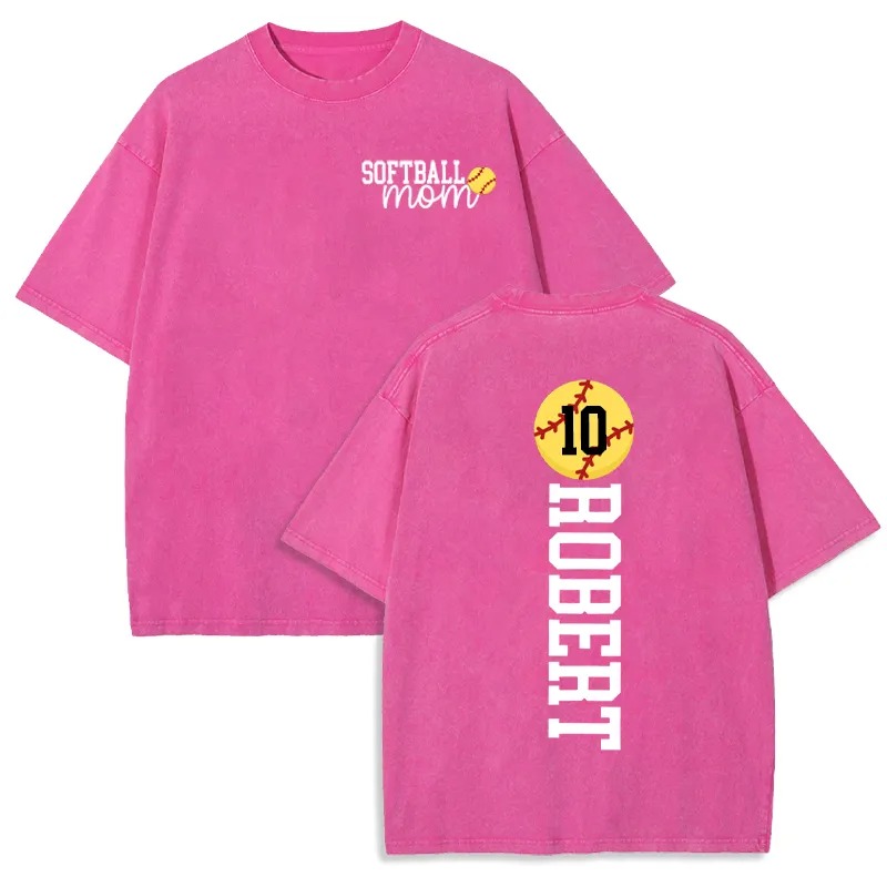 Personalized Washed T-shirt Softball Mom Custom Name and Jersey Number Perfect Gift for Sports Lovers