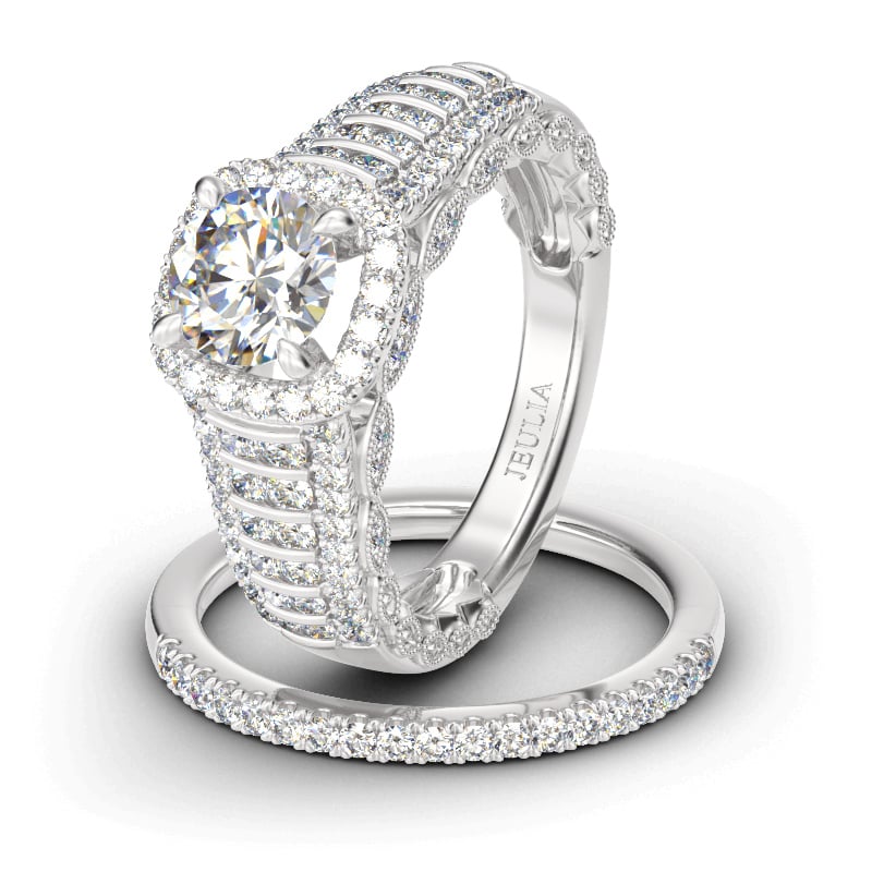 Jeulia Sparkling Halo Round Cut Sterling Silver Ring Set