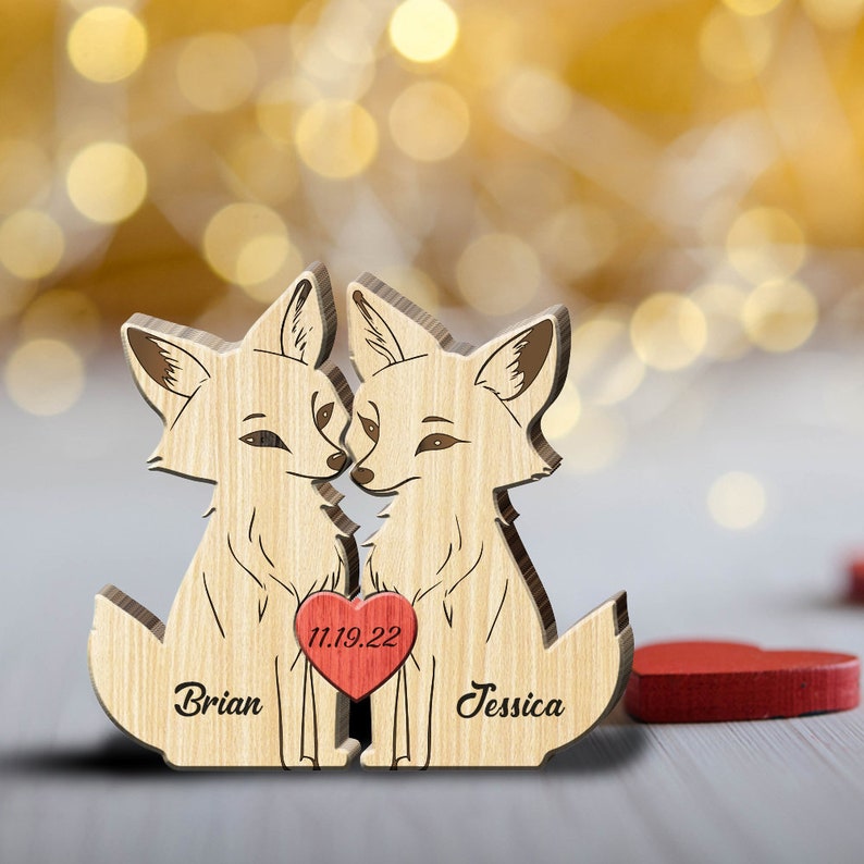 Puzzle en bois personnalisé en forme de couple de renards pour la Saint-Valentin