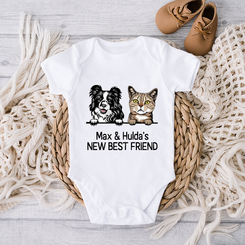 Mono de bebé personalizado Nuevo mejor amigo Mascotas opcionales Atractivo regalo de baby shower para amantes de las mascotas