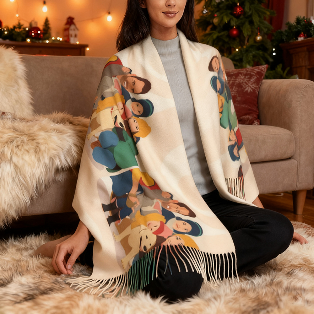 Op maat gemaakte sjaal met familiefoto in cartoonstijl Wintersjaal Kerstcadeau voor papa