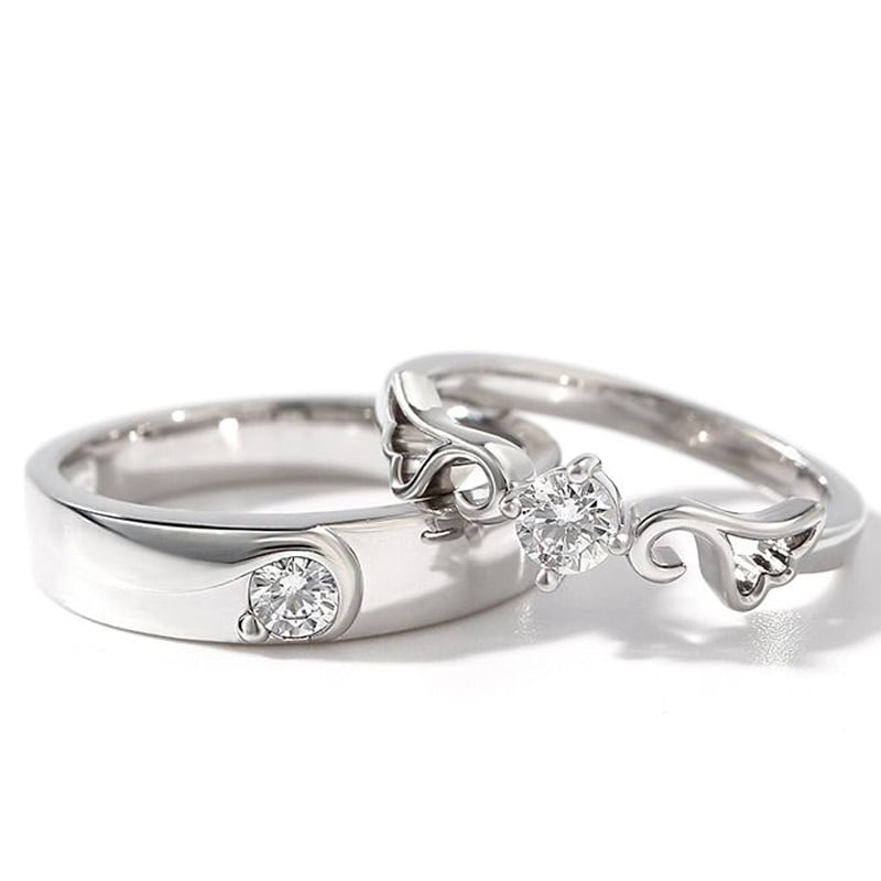 Latest Round Cut Couple Rings Angel Wings Design, Sterling Silver