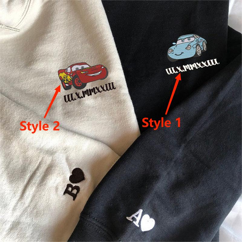 Personalized Hoodie Embroidered Cars Mcqueen and Sally with Custom Roman Numeral Date for Couple's Anniversary