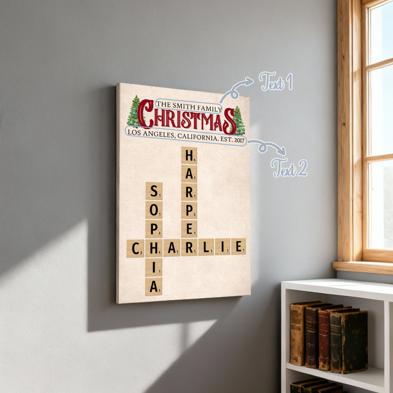 Personalized Name Crossword Canvas Wall Art with Christmas Tree Pattern Creative Gift for Family