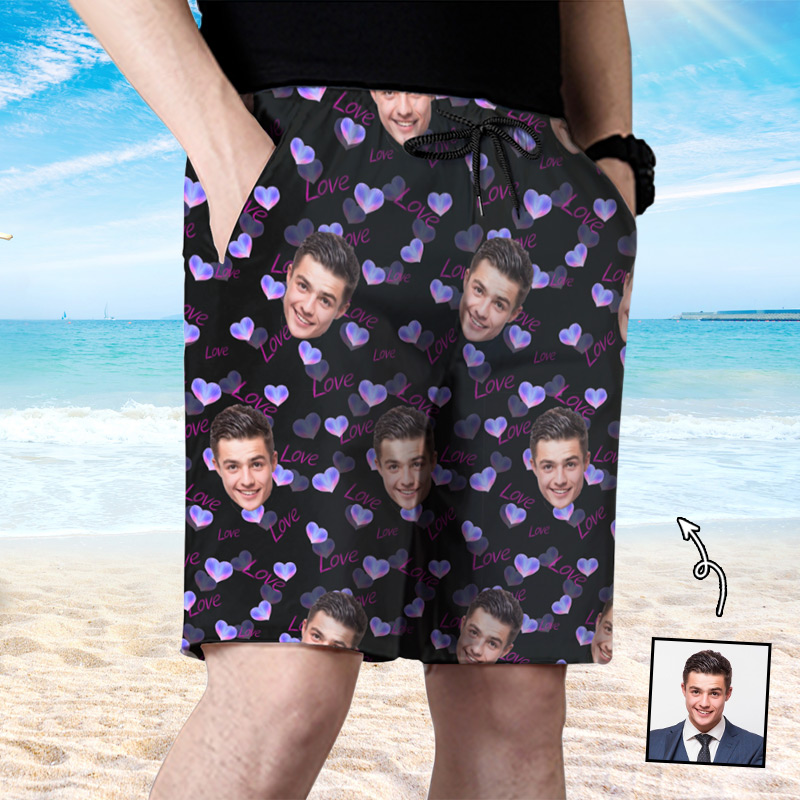 Foto personalizzata Pantaloncini da spiaggia da uomo con motivo a cuore viola Regalo carino per fidanzato