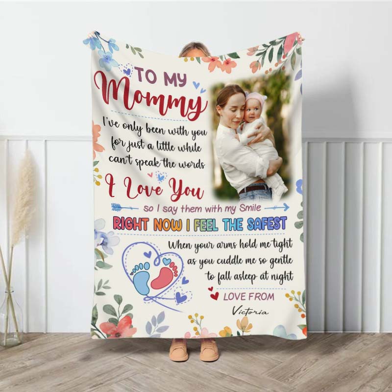 Personalized Picture Blanket with Colorful Flowers And Footprint Pattern Warm Gift for Mommy