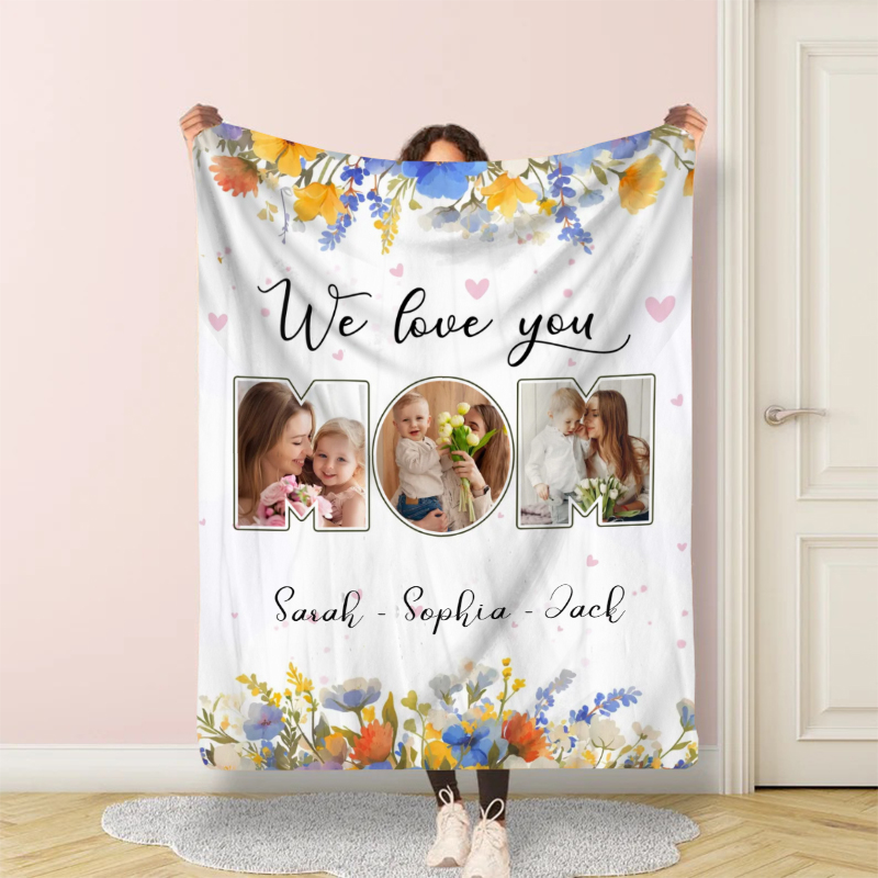 Personalized Picture Blanket with Colorful Flowers Pattern Beautiful Present for Mom