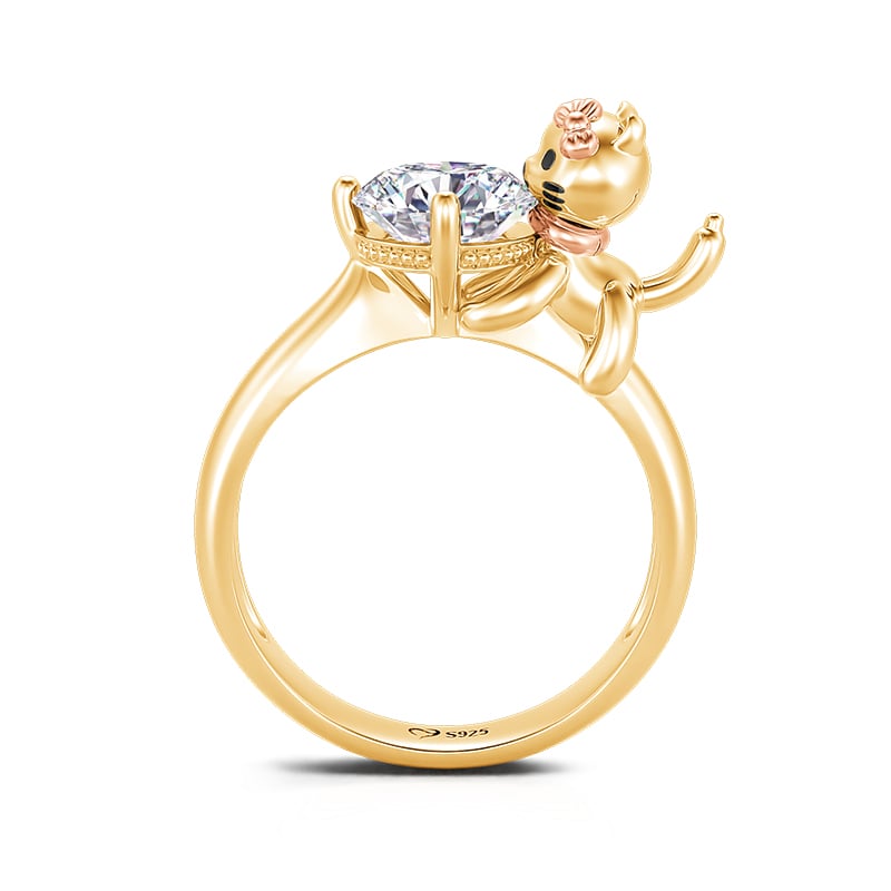 Jeulia Hug Me "Balloon Cat" Golden Ring Sterling Silver Round Cut