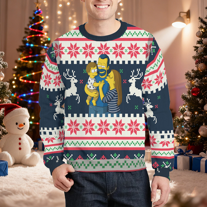 Pull moche personnalisé unisexe avec photo de famille design amusant de style cartoon cadeau de Noël idéal