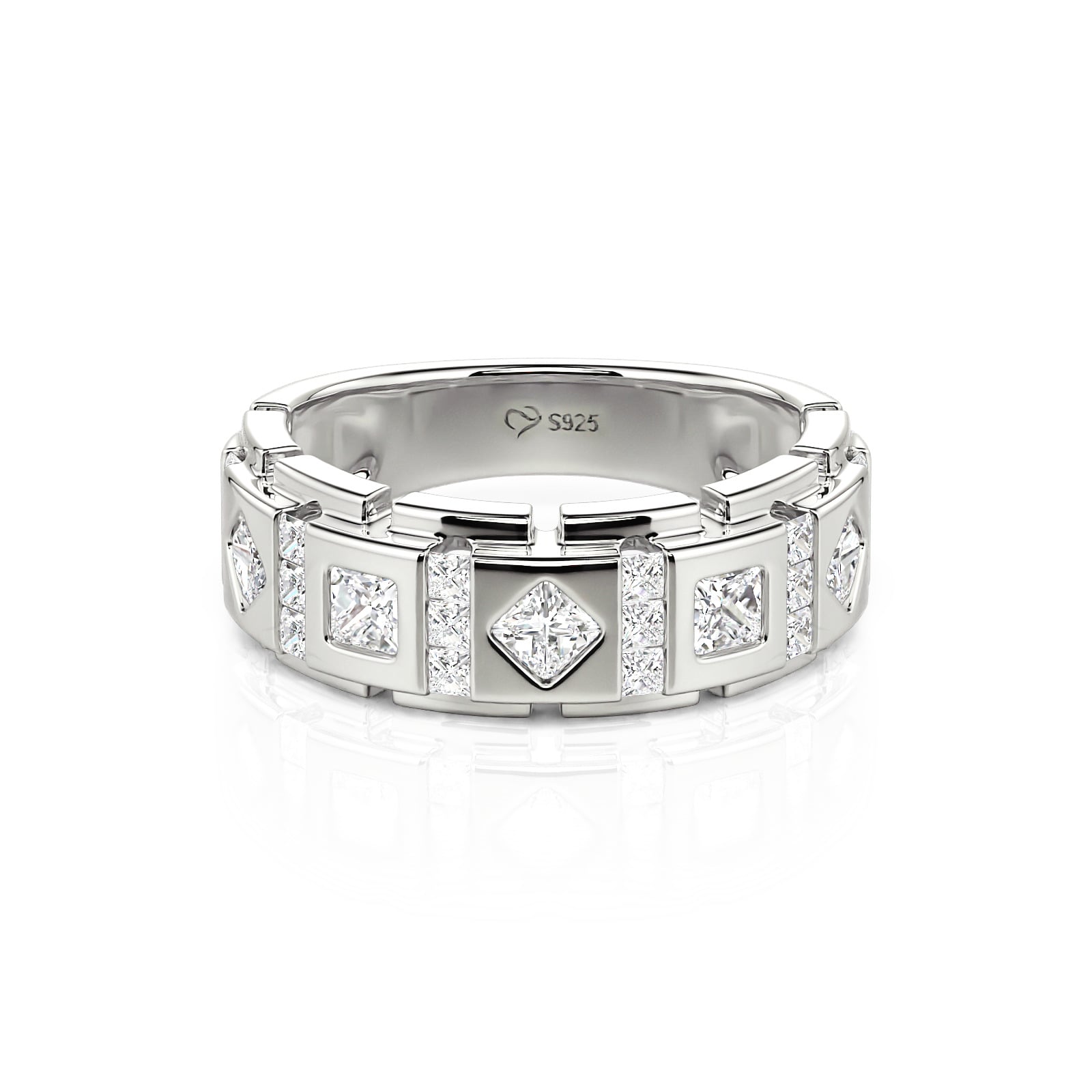 Princess Cut Sterling Silver Men's Ring Wedding Band for Men