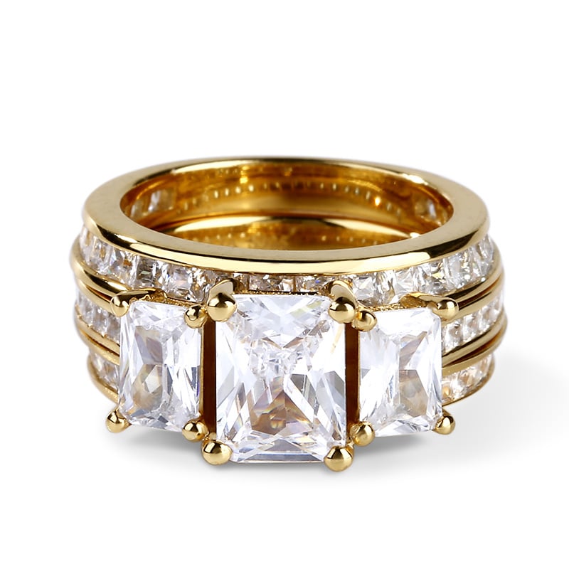 Jeulia 3PC Yellow Three Stone Radiant Cut Sterling Silver Ring Set
