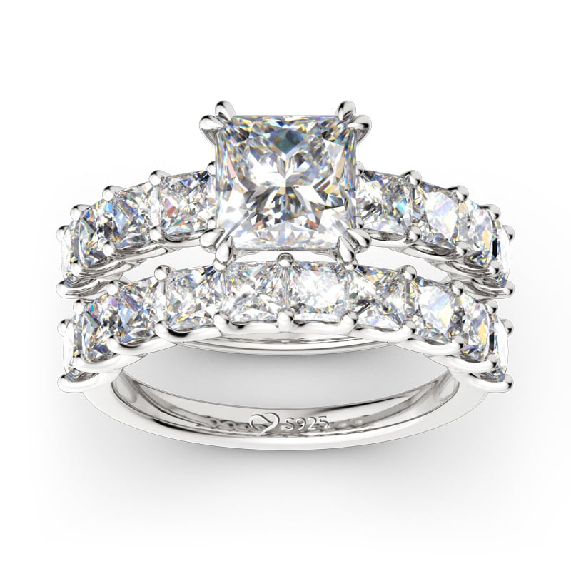 Trendy Princess Cut Wedding Ring Set Sterling Silver Bridal Set