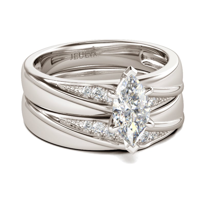 Diagonal Marquise Cut Wedding Ring Set Sterling Silver Bridal Set