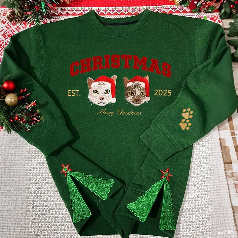 Personlig tröja med broderat foto glitterrosett på sidan och julgranmotiv kreativ present till djurälskare
