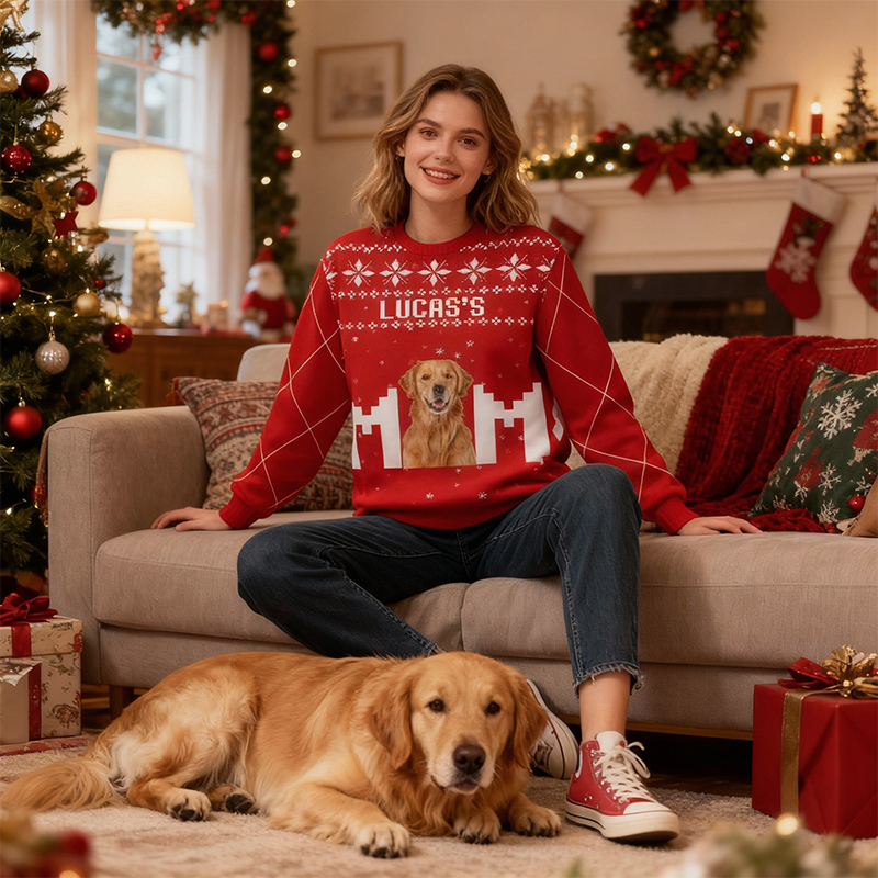 Personalized Ugly Sweater Unisex Pet's Mom Custom Photo Red Style Design Christmas Gift for Pet Lovers