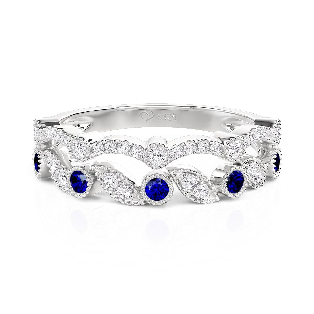 Jeulia Blue and White Stone Double-Row Wedding Band
