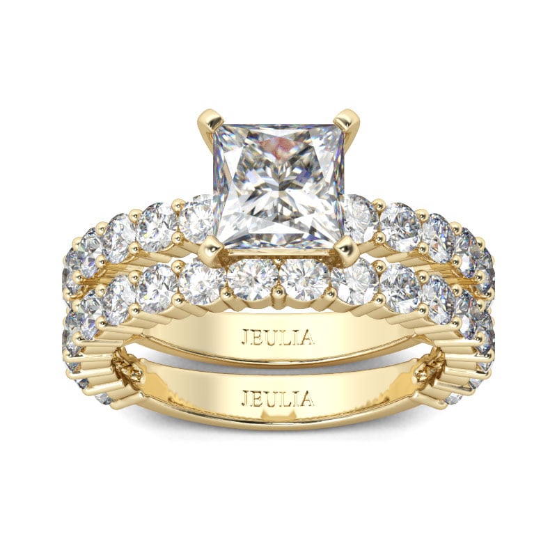 Princess & Round Cut Ring Set Sterling Silver 2.8 Carat Gold Tone