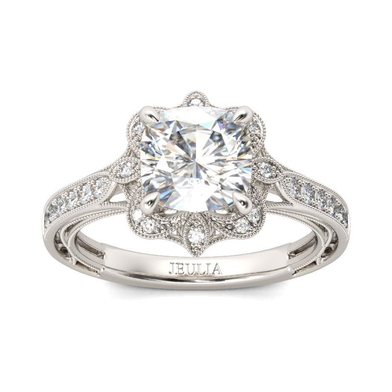 Vintage Floral Cushion & Round Cut Engagement Rings
