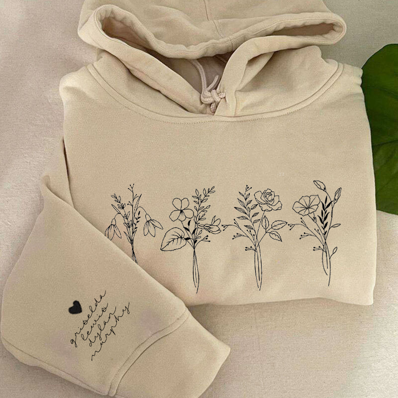 Personalisierte Hoodie wunderschöne Geburt Blume mit benutzerdefinierten Namen auf dem Ärmel einzigartiges Geschenk für sie