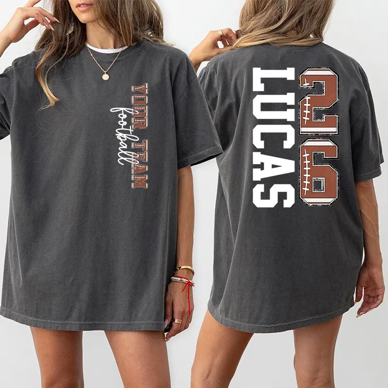 Personalized Washed T-shirt Football Text Design Custom Team Name and Number Gift for Sports Lover