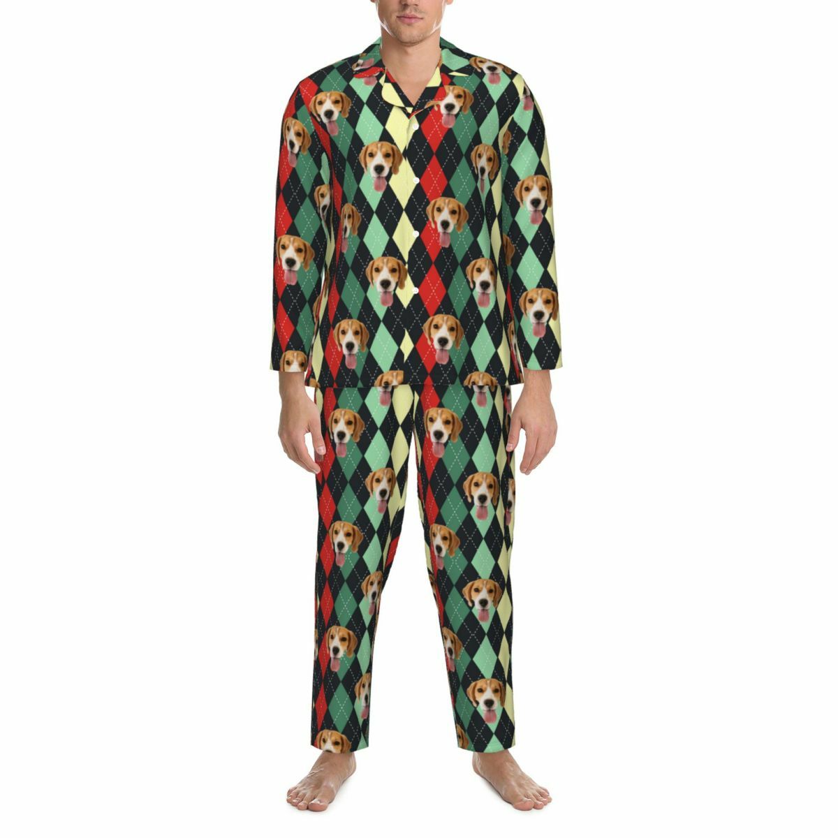 Pijama personalizado con foto de cabeza de mascota personalizada, patrón de rombos, diseño clásico, regalo exquisito para la familia