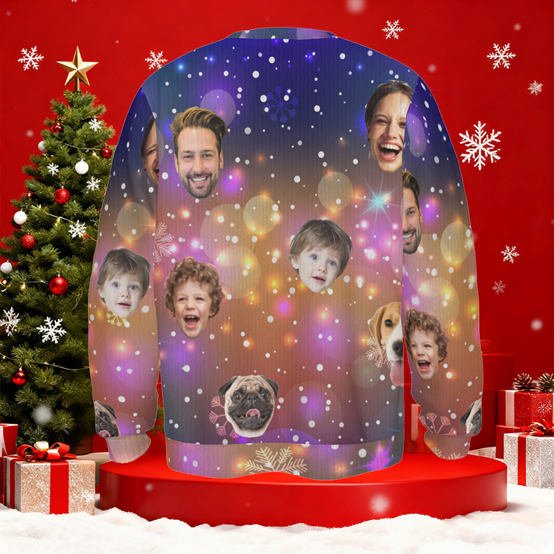 Personalized Ugly Sweater Unisex Custom Face Photo Dreamy Lights Design Perfect Christmas Gift for Family