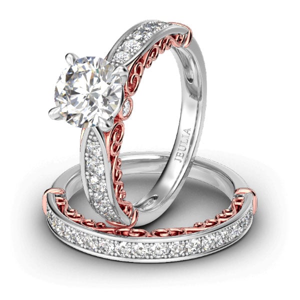 Scrollwork Round Cut Rose Gold Wedding Ring Sets for Women