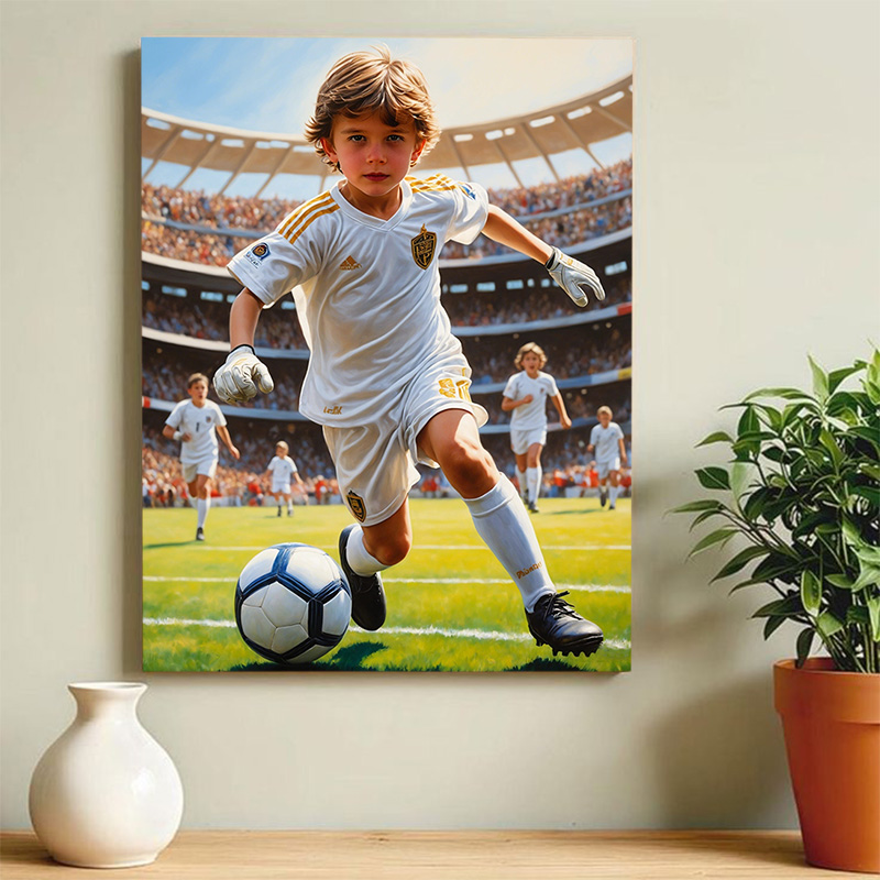 Personalisiertes Fußballspieler - Porträt Mit individueller Gesichtsveränderung Kostbares Geschenk für Junge