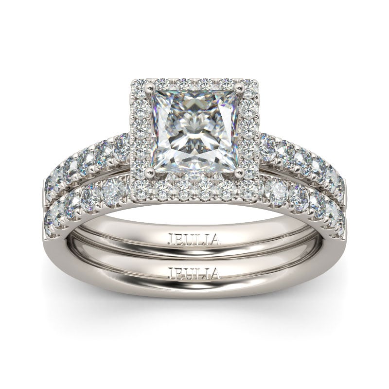 Halo Princess Cut Wedding Rings Diamond White Sterling Silver Ring Sets