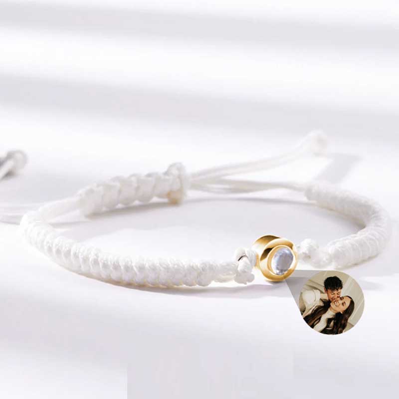 Bracciale con Proiezione di Foto Dentro Corda Bianca e Perlina Argento Sterling