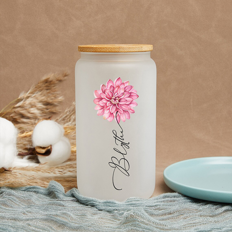 Personalized Birth Flower And Name Glass Cup with Lid And Straw Magical Present for Christmas Day