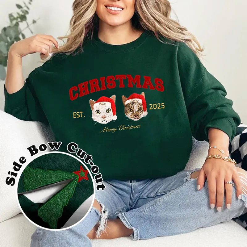 Personlig tröja med broderat foto glitterrosett på sidan och julgranmotiv kreativ present till djurälskare