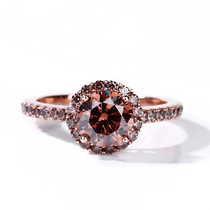 Rose Gold Halo Brown Engagement Rings in Round Cut Sterling Silver Rings for Women