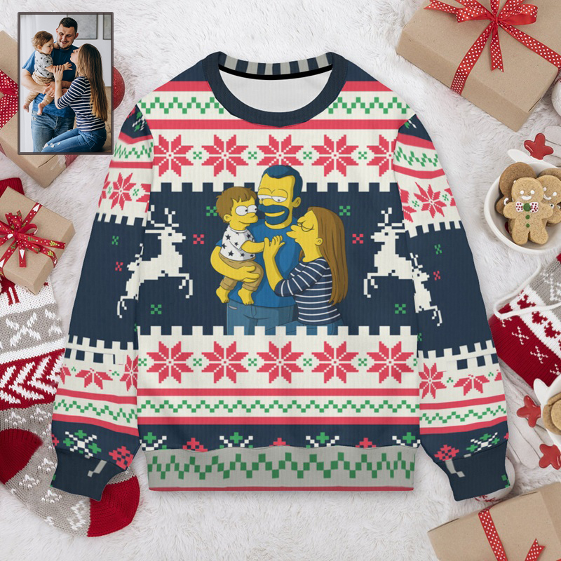 Pull moche personnalisé unisexe avec photo de famille design amusant de style cartoon cadeau de Noël idéal