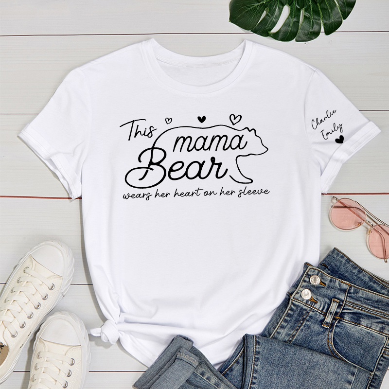 Personalized T-shirt Mama Bear Wears Her Heart On Her Sleeve Adorable Gift for Mother's Day