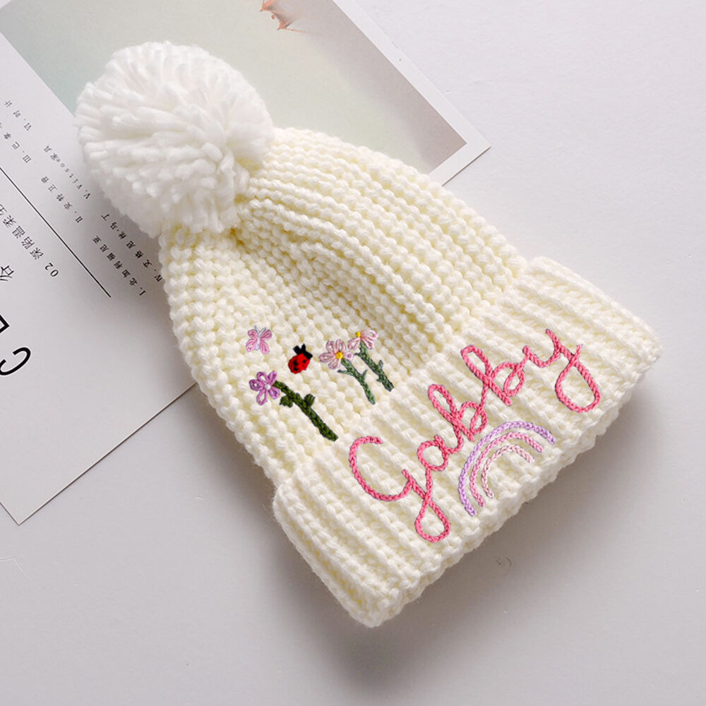 Personalized Knit Pom Pom Beanie Custom Embroidered Name and Flower Baby Gift